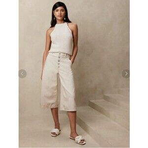 Banana Republic Size 31 Denim Button Fly Culotte Pants Ecru Cotton Crop Wide Leg